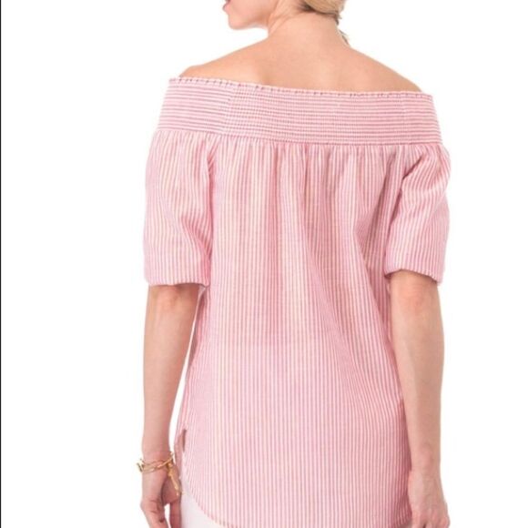 MICHAEL MICHAEL KORS orange & gold thread pinstripe off shoulder linen blend top - Picture 3 of 9